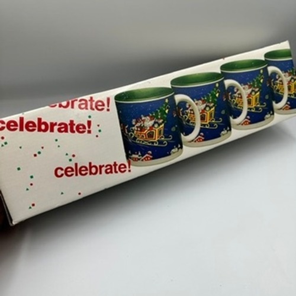 Vintage Celebrate! Santa Claus Reindeer Christmas Coffee Mugs Set of 4 Ceramic